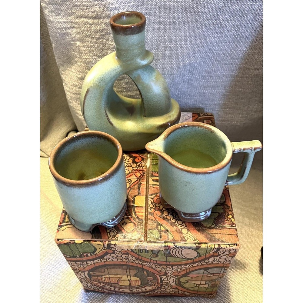 Vtg Frankoma Oklahoma Pottery Set Green Donut Decanter Creamer Cup USA